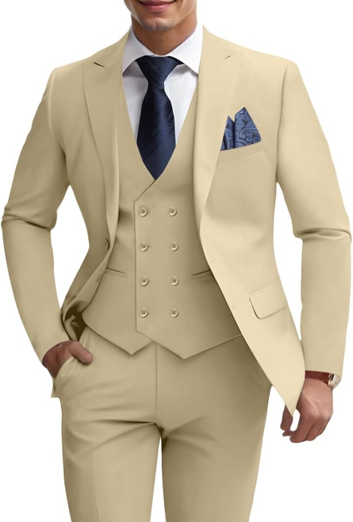 Mens 3 Piece Slim Fit Suit Set, Double Breasted Blazer Vest Pants Business Tuxedo Dress