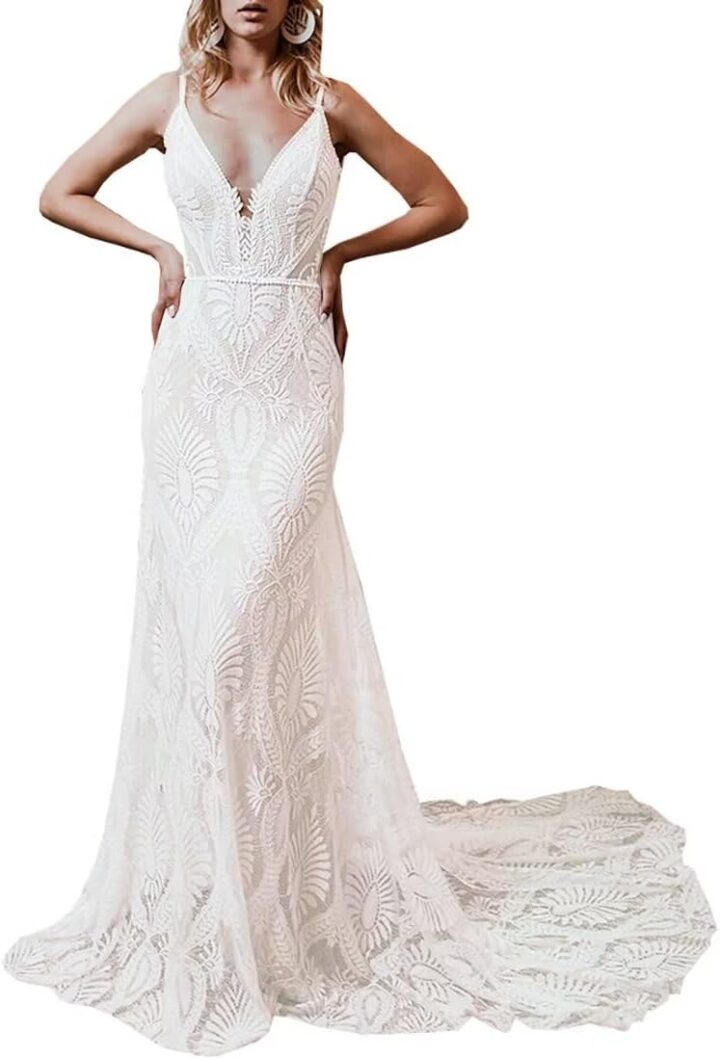 Women's Wedding Dresses Boho for Bride with Long Sleeves Plus Size Lace Beach Bridal Gowns Bohemian Wedding Gowns