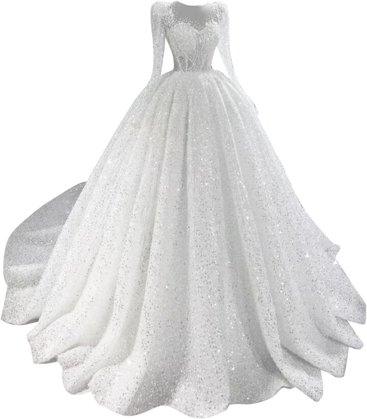 Beaded Sequin Wedding Dress for Bride Sparkly Long Sleeves Bridal Ball Gown Luxury Wedding Dresses RDX-W29