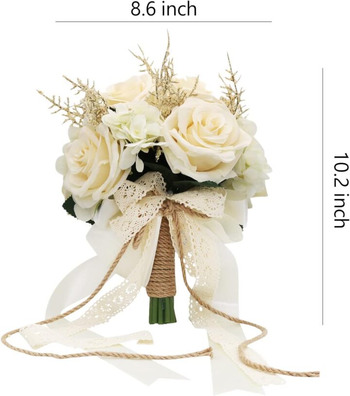 Artificial Plant, 1 Champagne White Rose Bridal Bouquet, 8.6 x 10.2 x 8.6 inches, Wedding Bouquets for Bride, Bridesmaid Bouquets with Silk Ribbon, Decoration - Image 2