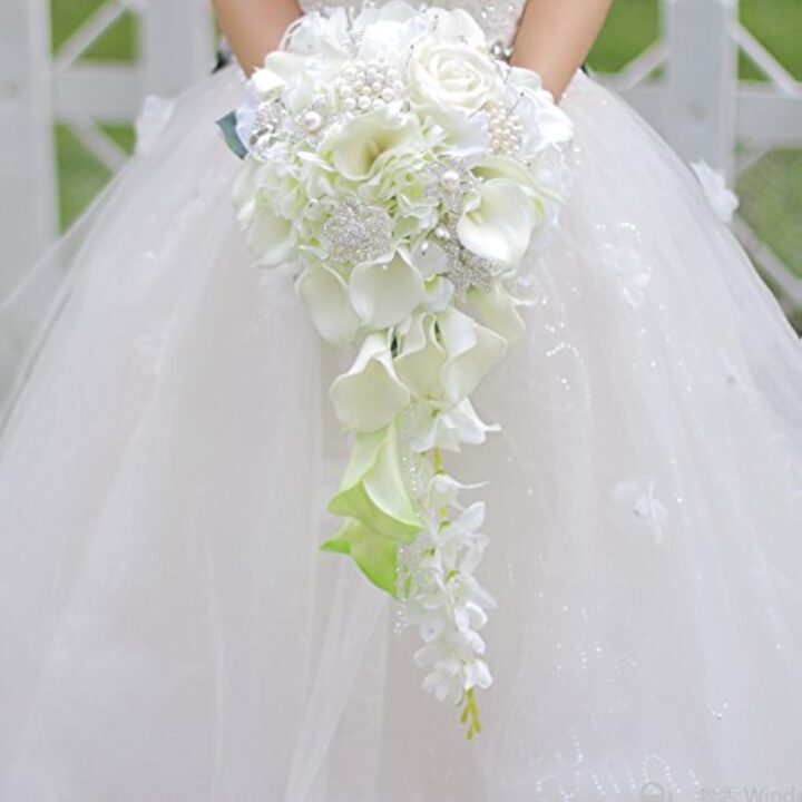 Calla Lilies Simulation Rose Diamonds Pearl Bride Wedding Bouquet (White)