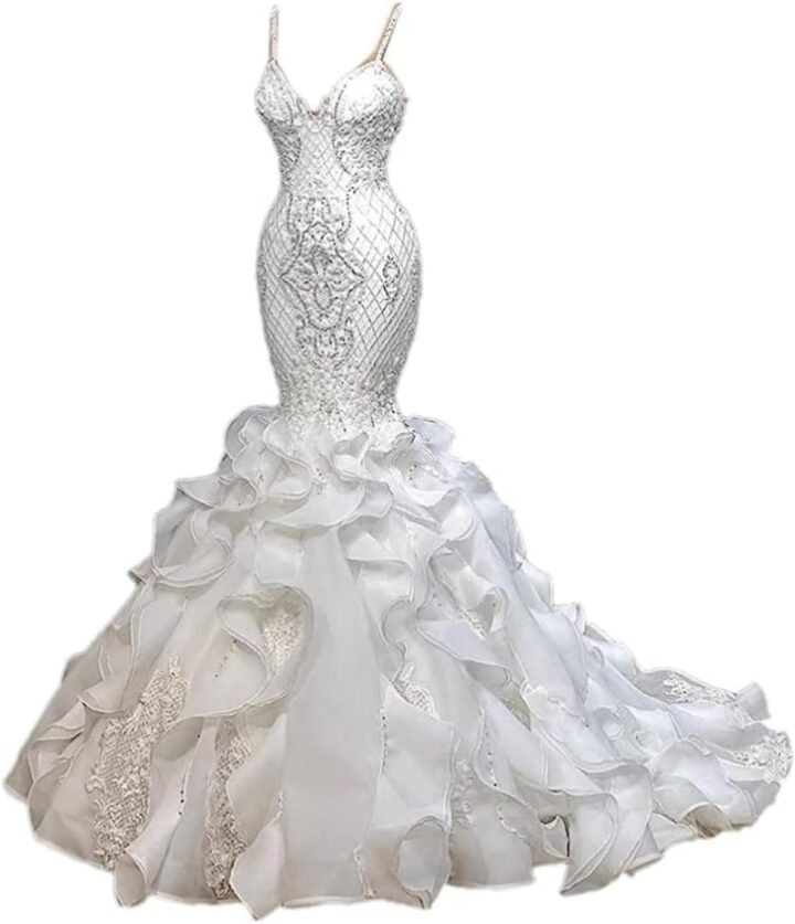White Lace Organza Mermaid Women's Spaghetti Straps Wedding Dress Long Train Sleeveless Bridal Gown
