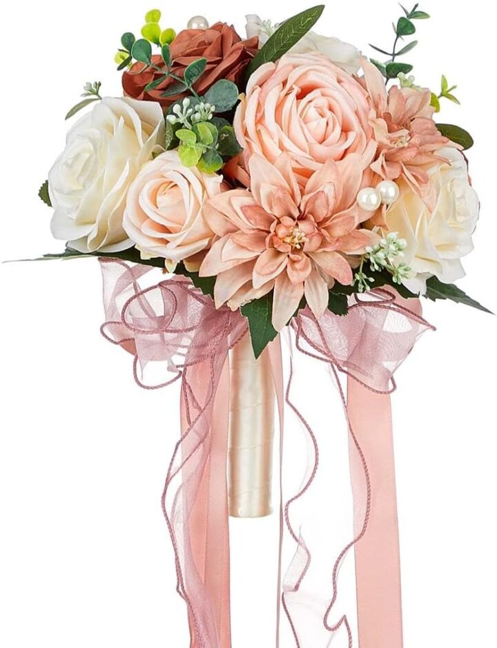 Wedding Bouquets for Bride Bridesmaid Bouquet Champagne White Artificial Roses Flowers for Wedding Valentine's Day Church Home Decoration… (Pink)