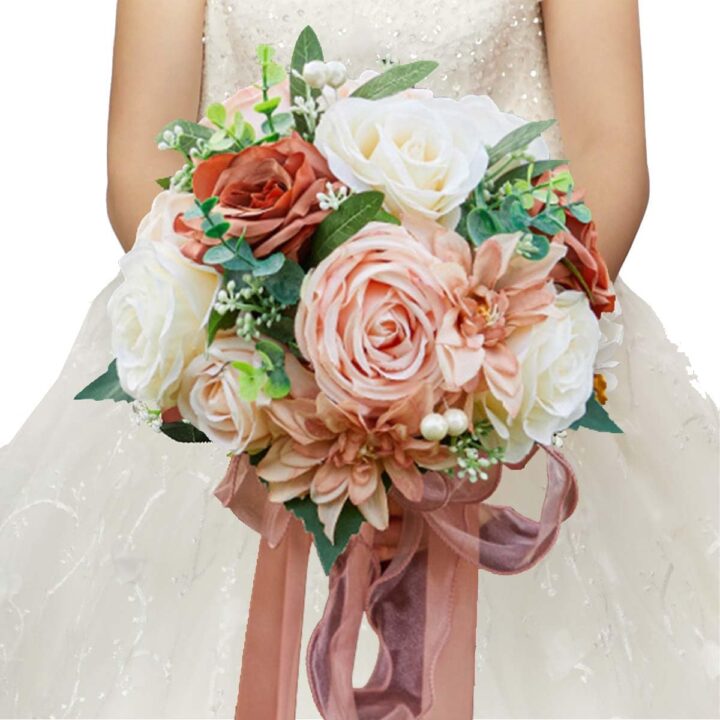 Wedding Bouquets for Bride Bridesmaid Bouquet Champagne White Artificial Roses Flowers for Wedding Valentine's Day Church Home Decoration… (Pink) - Image 2