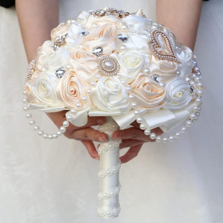 Ivory and Champagne Bridal Wedding Bouquet with Rhinestone Brooch Pearl String Cascade Bouquet for Bride Bridesmaid Quinceanera Satin Rose Flower Bouquet Wedding Champagne and Ivory 8.7in - Image 2