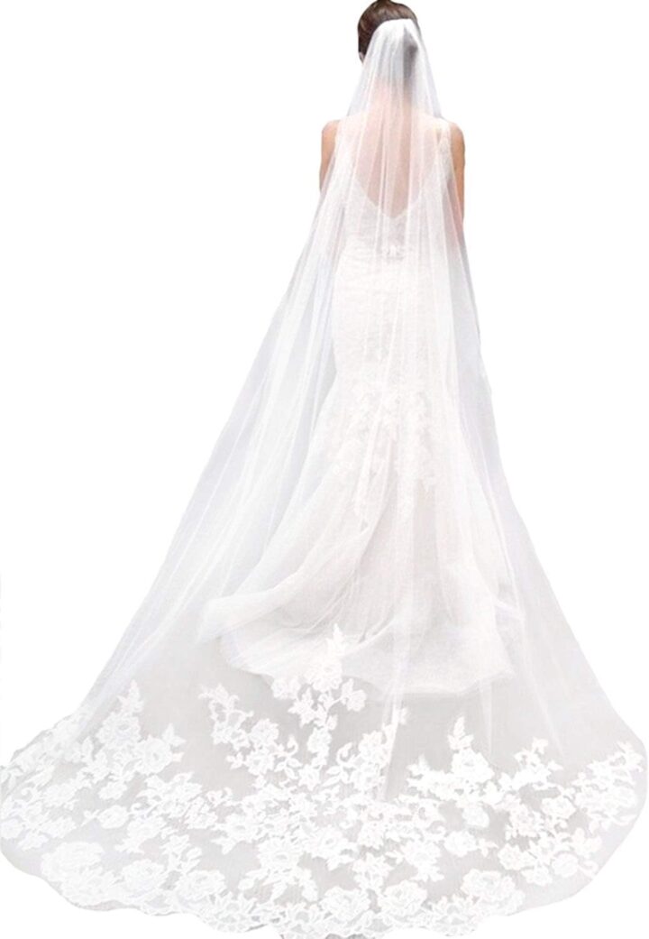 White Ivory Wedding Veils Lace Edge Cathedral Length Wedding Bridal Veil with Comb for Women, 118 Inches