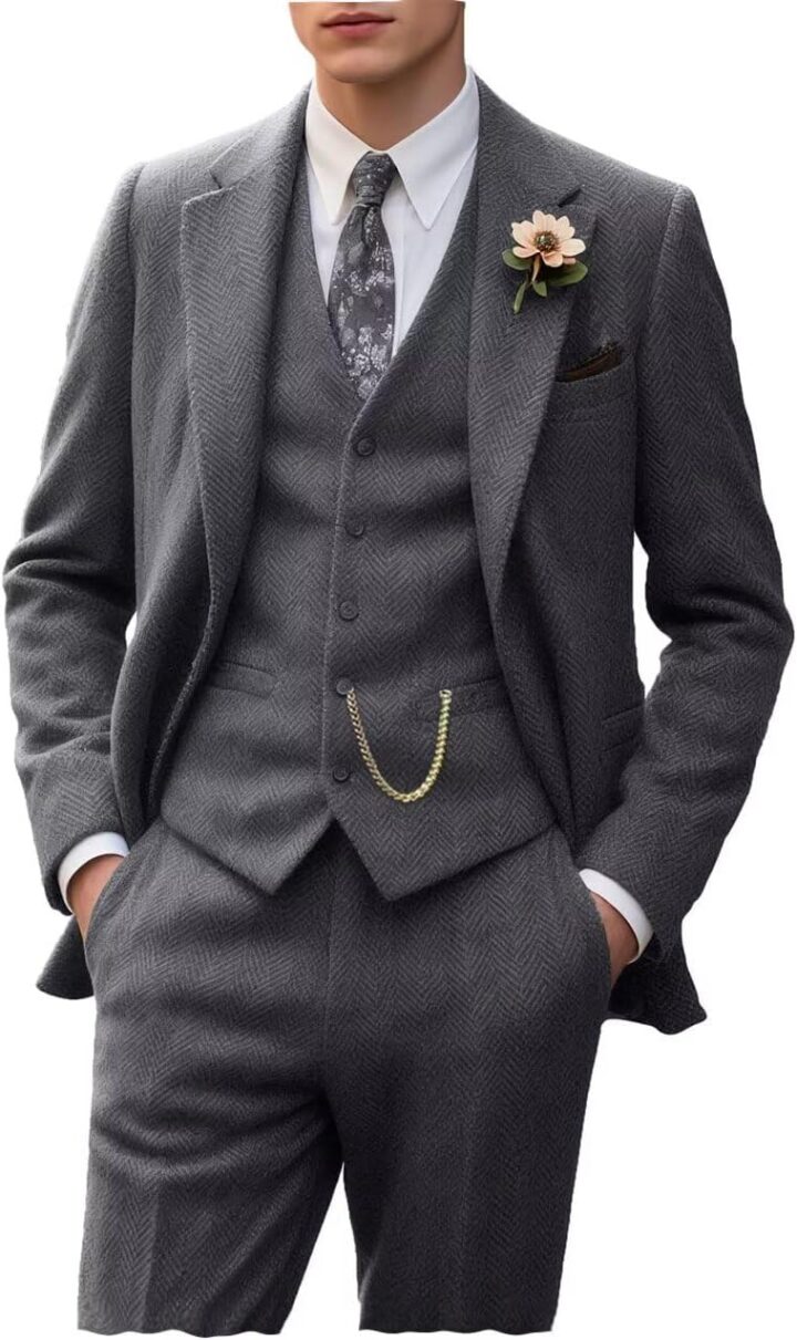 Retro Tweed Men's Suit 3 Piece Slim Fit Herringbone Suits Groom Tuxedos Set Wedding Prom Blazer Jacket Vest Pants for Men