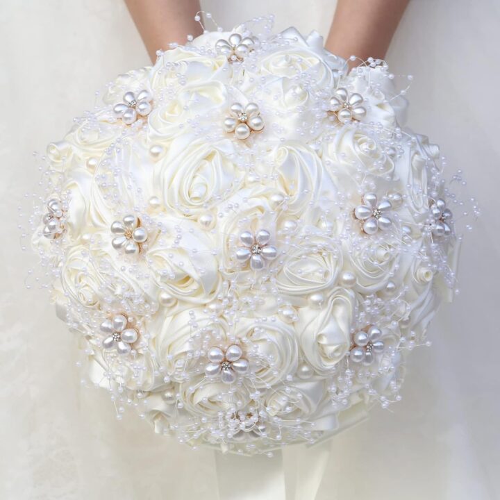Ivory Bridal Wedding Bouquet Handmade with Rhinestone Pearl Ribbon Satin Rose Flower Bouquet for Bride Bridesmaid Quinceanera Bouquet Wedding Ivory 7.5in - Image 2