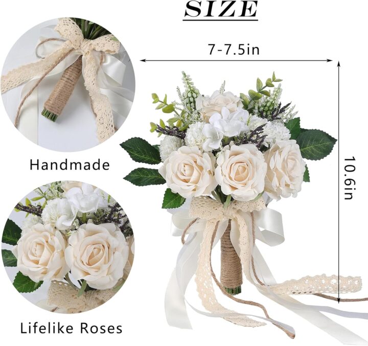 Wedding Bouquets for Bride Bridesmaid,White Champagne Artificial Roses Flowers for Wedding Church Decoration (7.5in) - Image 2
