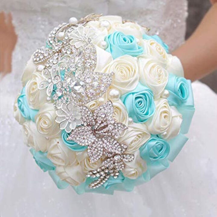 Bride Holding Flowers, Romantic Wedding Colorful Rose Bride 's Bouquet,Purple Pink Bridal Bouquets (White) - Image 2