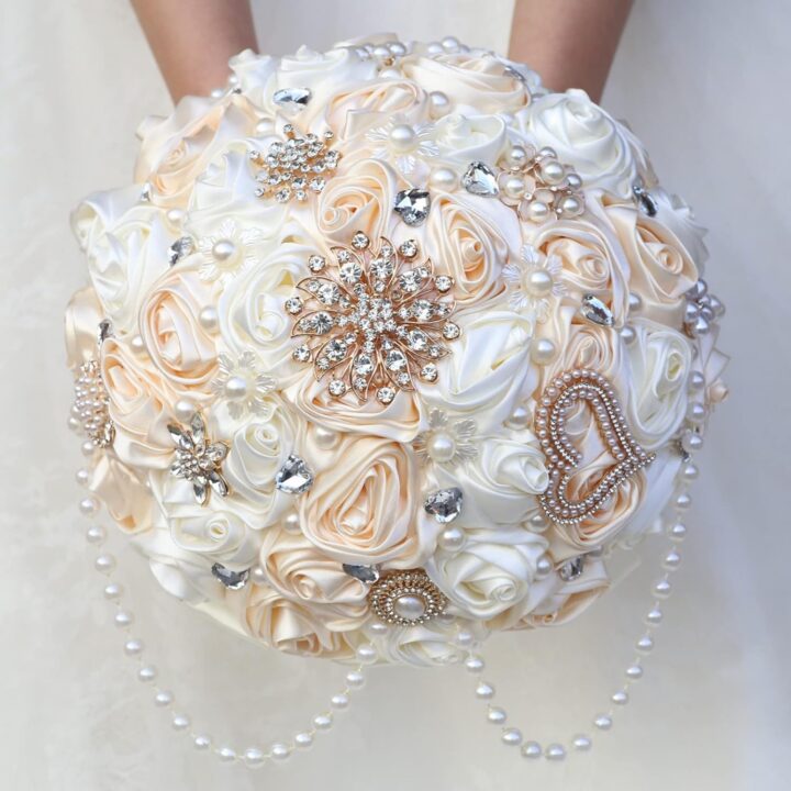 Ivory and Champagne Bridal Wedding Bouquet with Rhinestone Brooch Pearl String Cascade Bouquet for Bride Bridesmaid Quinceanera Satin Rose Flower Bouquet Wedding Champagne and Ivory 8.7in