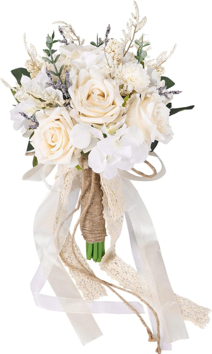 Wedding Bouquets for Bride Bridesmaid, White Champagne Artificial Roses Flowers Wedding Decoration (7.5in)