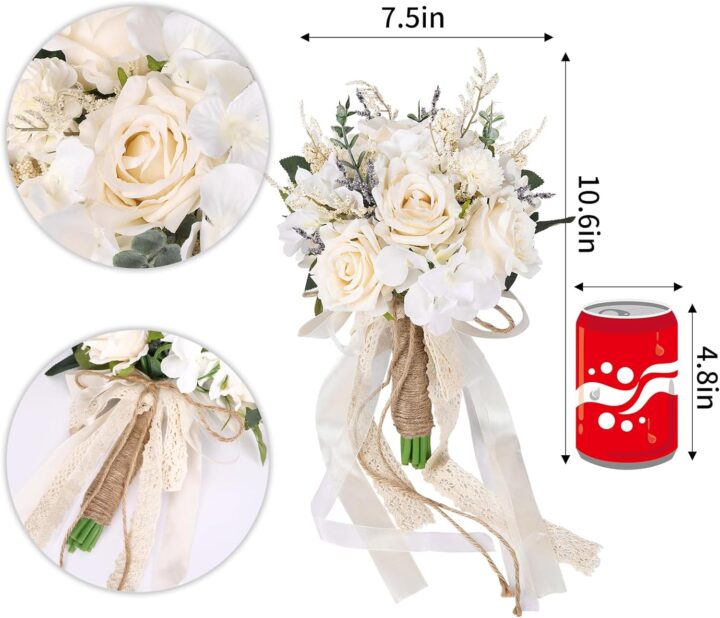 Wedding Bouquets for Bride Bridesmaid, White Champagne Artificial Roses Flowers Wedding Decoration (7.5in) - Image 2