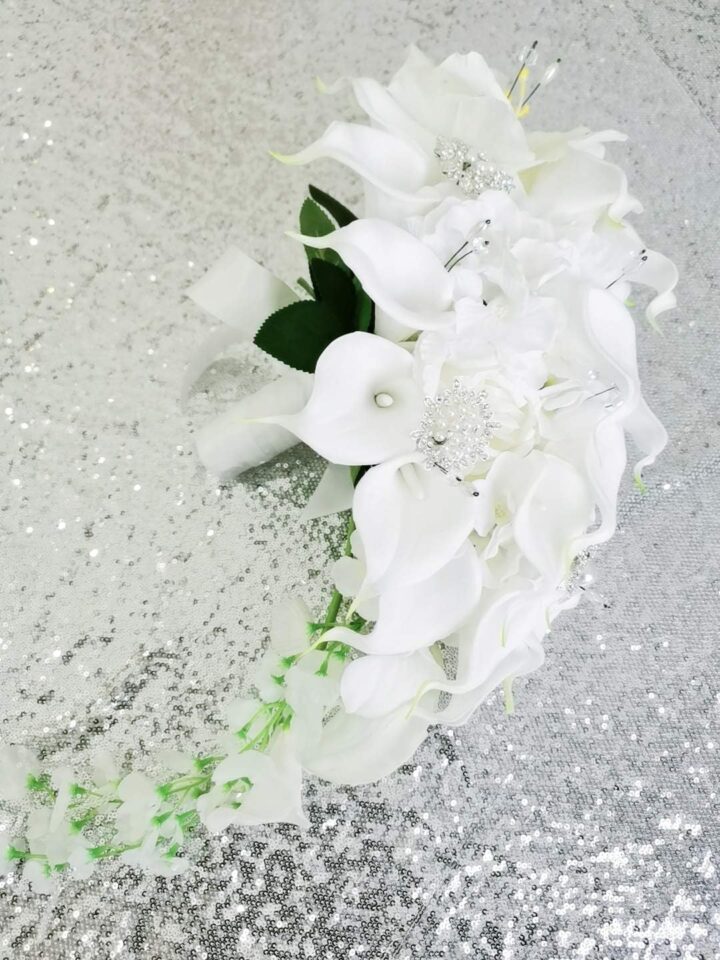Calla Lilies Simulation Rose Diamonds Pearl Bride Wedding Bouquet (White) - Image 2