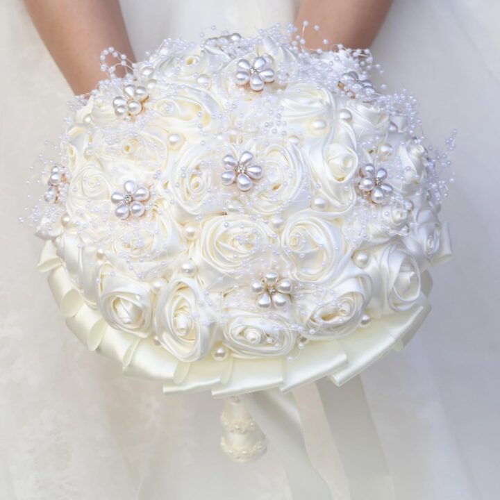 Ivory Bridal Wedding Bouquet Handmade with Rhinestone Pearl Ribbon Satin Rose Flower Bouquet for Bride Bridesmaid Quinceanera Bouquet Wedding Ivory 7.5in
