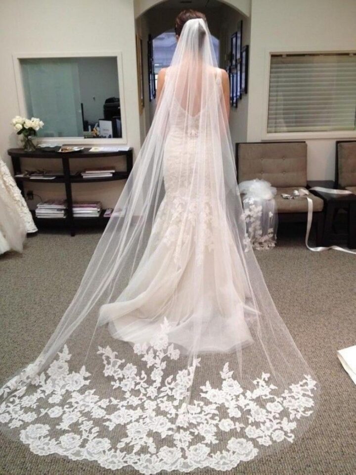 White Ivory Wedding Veils Lace Edge Cathedral Length Wedding Bridal Veil with Comb for Women, 118 Inches - Image 2